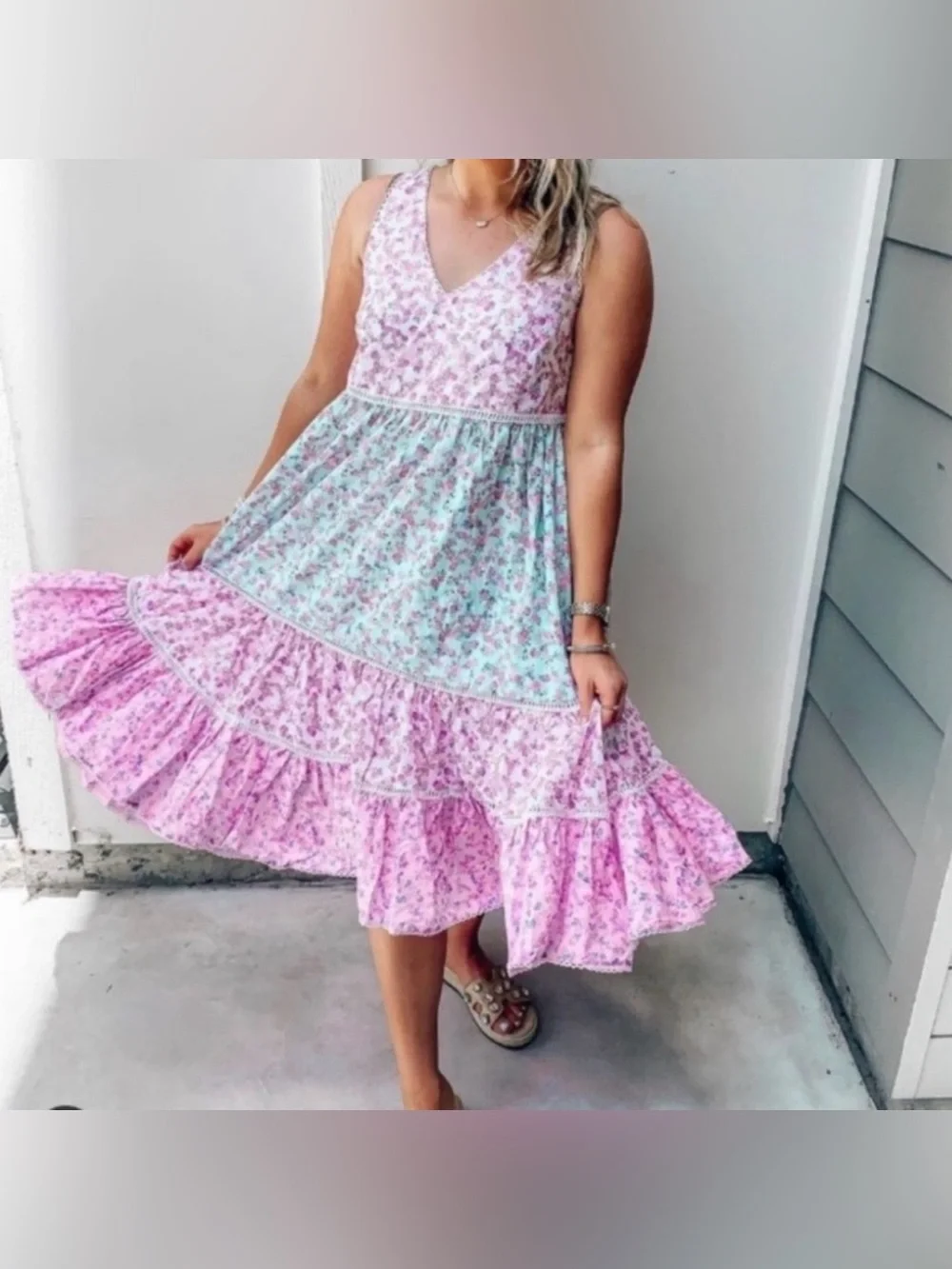 LoveShackFancy X Target M Romantic Pastoral Camille Pink Floral Tiered Mid Dress - Picture 1 of 15